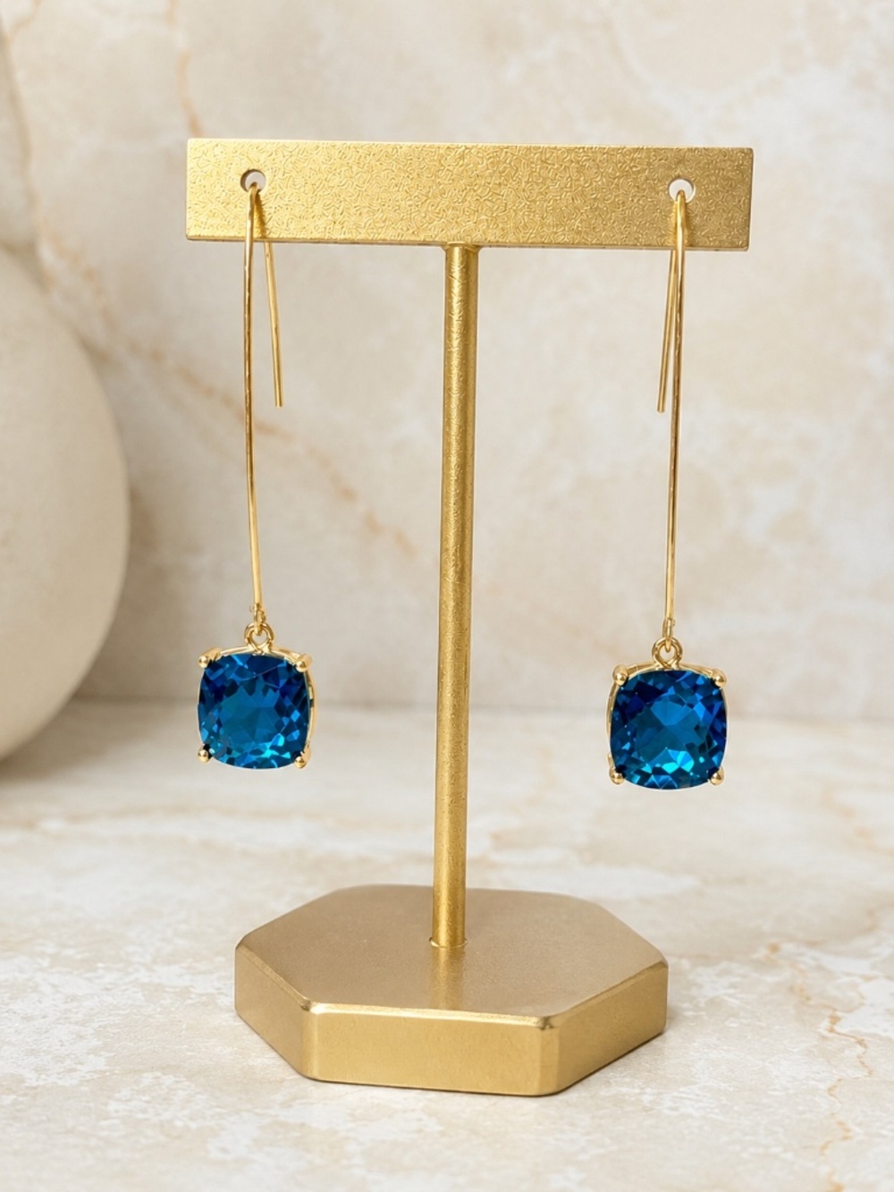 Blue Crystal Threader Earrings Gold Dangle Statement Earrings NWOT